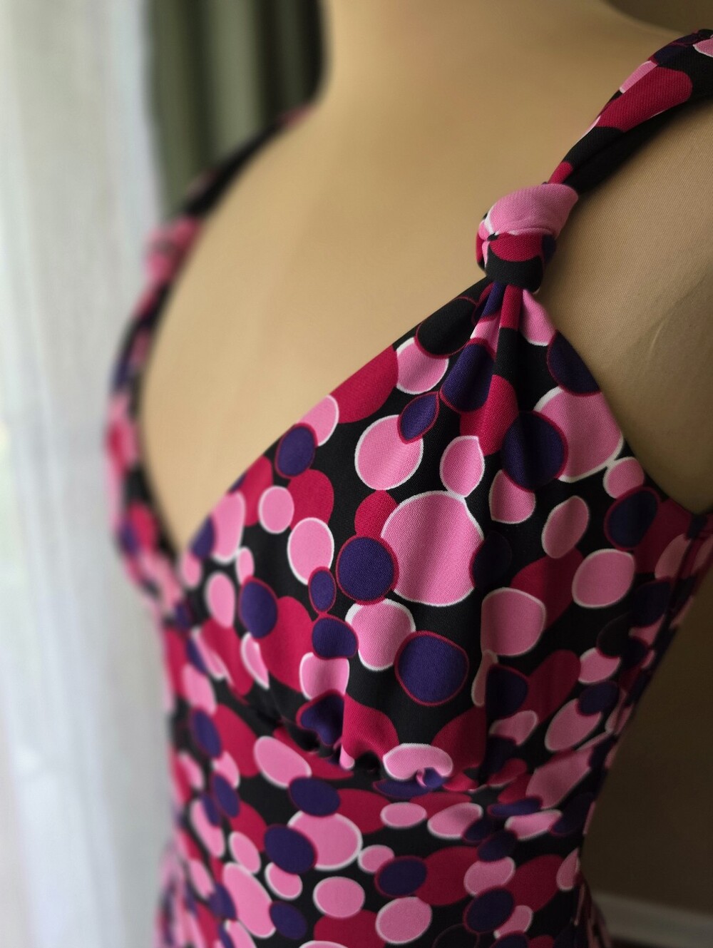 Bisou Bisou Vintage Y2K Polka Dot Dress Pink Purple V-Neck Knot Detail Size 6 - Picture 3 of 10